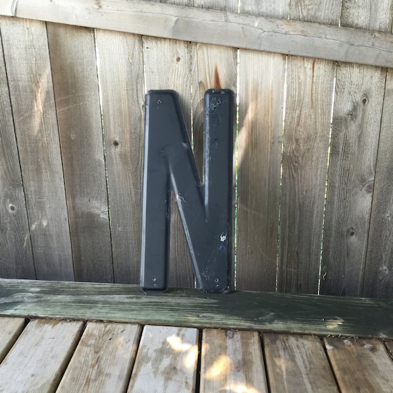 24" Vintage Industrial Metal Marquee Letter N - Black metal - NOS Steel Sign Letter - salvaged black metal letter -beveled metal letter