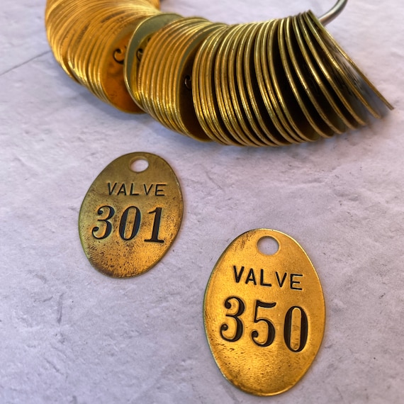 Vintage Valve oval brass tags 300's - ONE tag- pick the number - vintage  key tags - tool tags - steampunk brass tag - oval brass tag