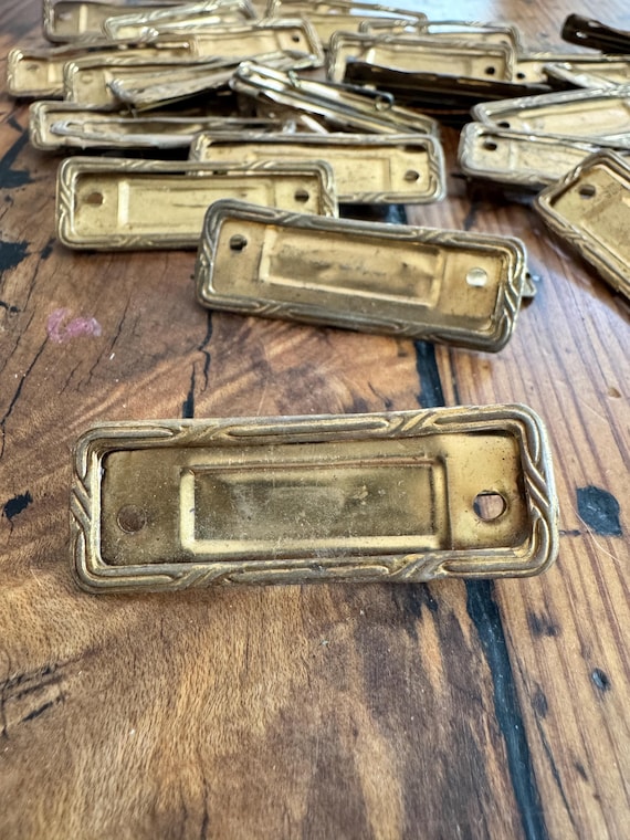 Antique brass name tags - art deco fancy name plates - employee badges - vintage name tags - old name plates - employee name badge - antique