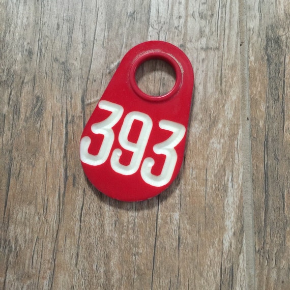 Vintage plastic cow tag –  Red number 393 -antique plastic livestock ID tag – plastic bull tag – cattle tag – industrial number