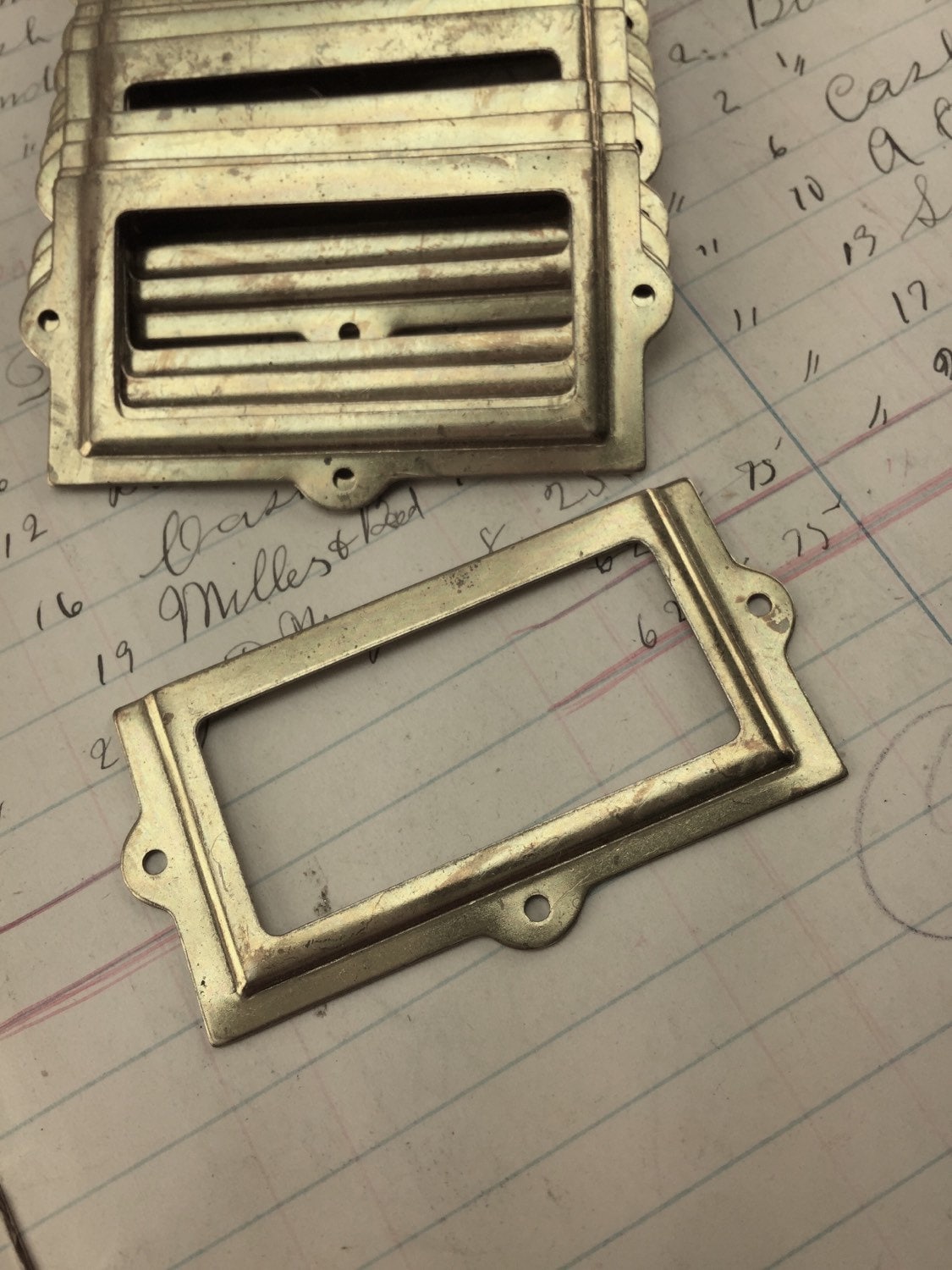 Vintage brass label holders for drawers antique drawer pull tag