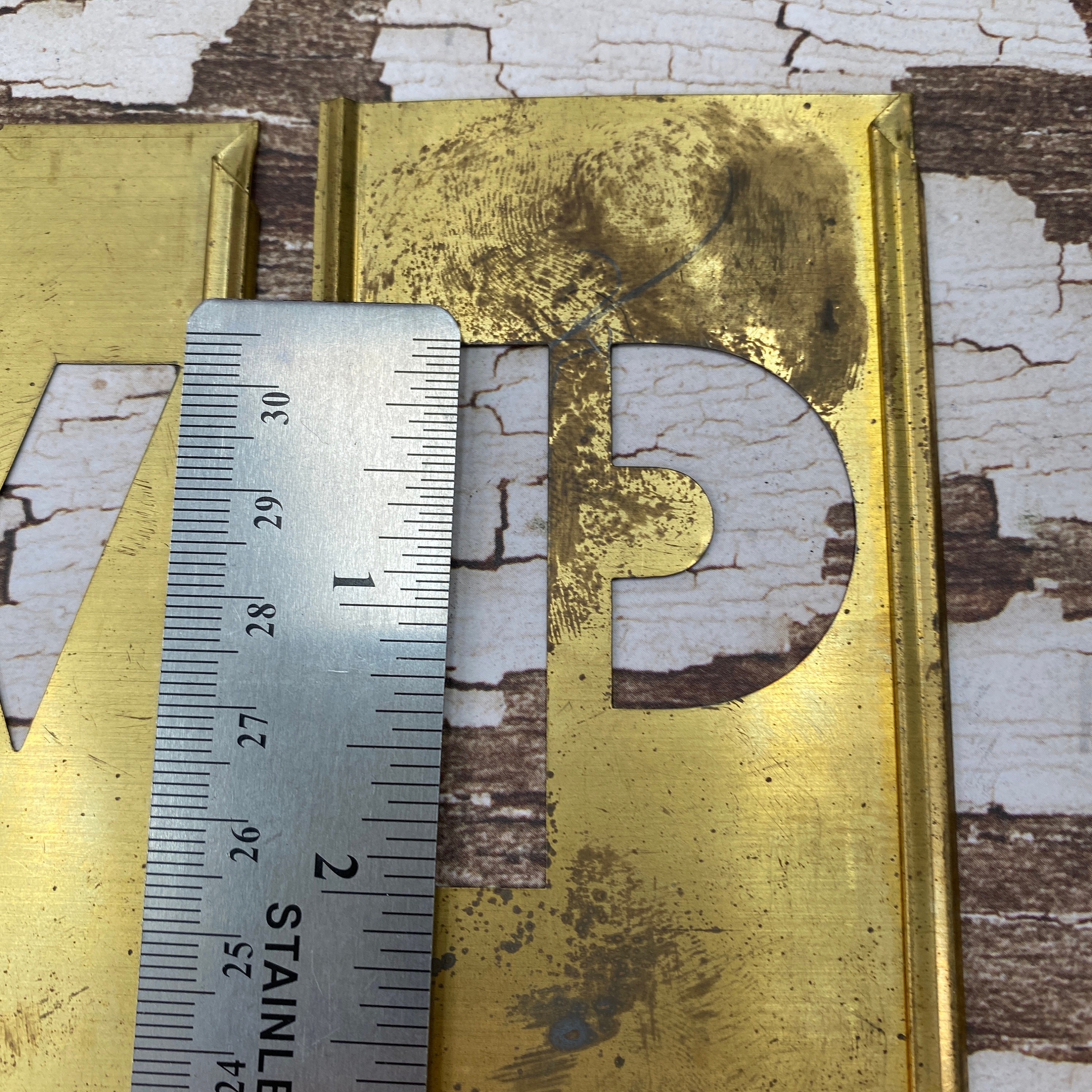 Antique Brass stencil sans serif Letters and Numbers 4 Vintage brass