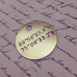 GPS location coordinate brass tag -  hand punched latitude longitude position on solid metal tags - gps coordinates - geocache tag