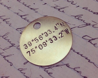 GPS location coordinate brass tag -  hand punched latitude longitude position on solid metal tags - gps coordinates - geocache tag