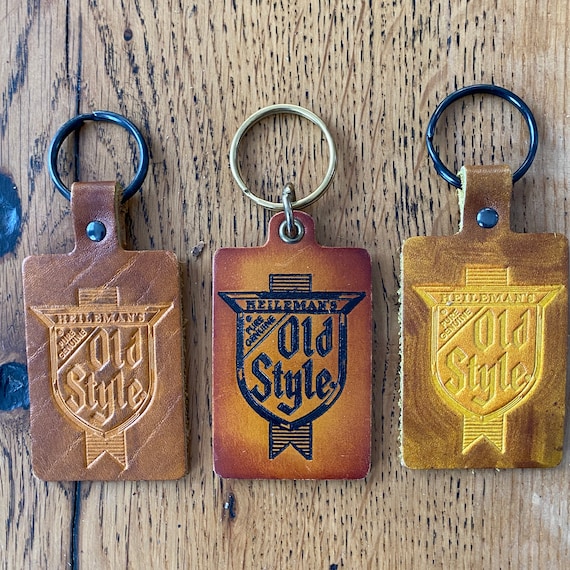Old Style Leather Beer Key Fobs - leather key fob - vintage beer fob - leather beer keychains