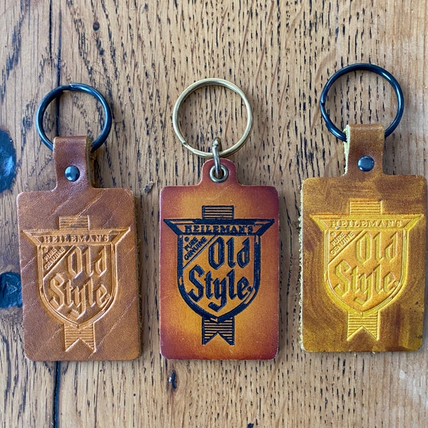 Old Style Leather Beer Key Fobs - leather key fob - vintage beer fob - leather beer keychains