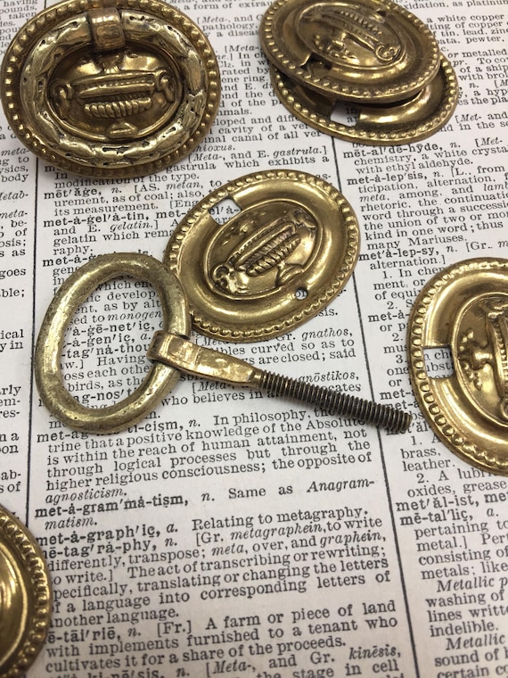 Vintage Brass Cabinet Knob or Drawer Pull  -Neat small brass metal door Pulls - antique hardware salvage - brass backplate