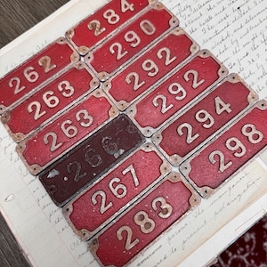 Vintage Fire box numbers Red tags metal tag - favorite numbers industrial number - steampunk metal tag - gold vintage locker tags -