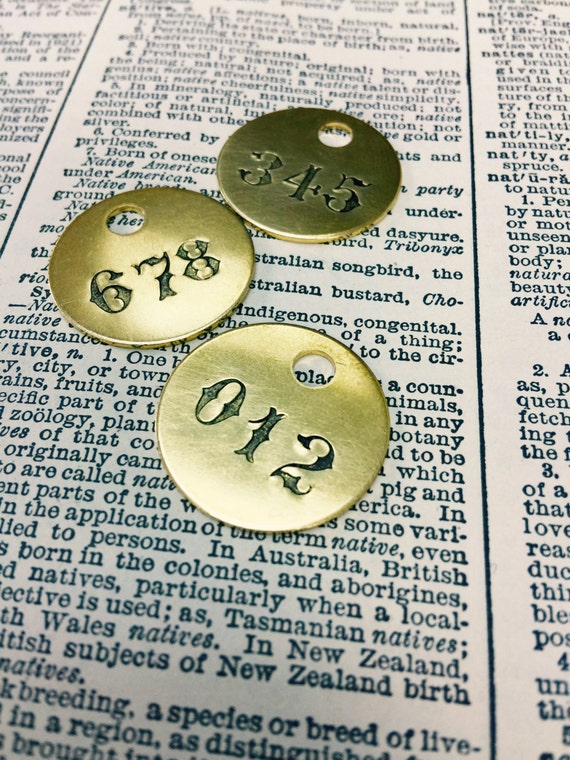 Custom hand stamped old english round brass tag -  handmade room key tag - hand made room number key fob - hotel key tag old english number