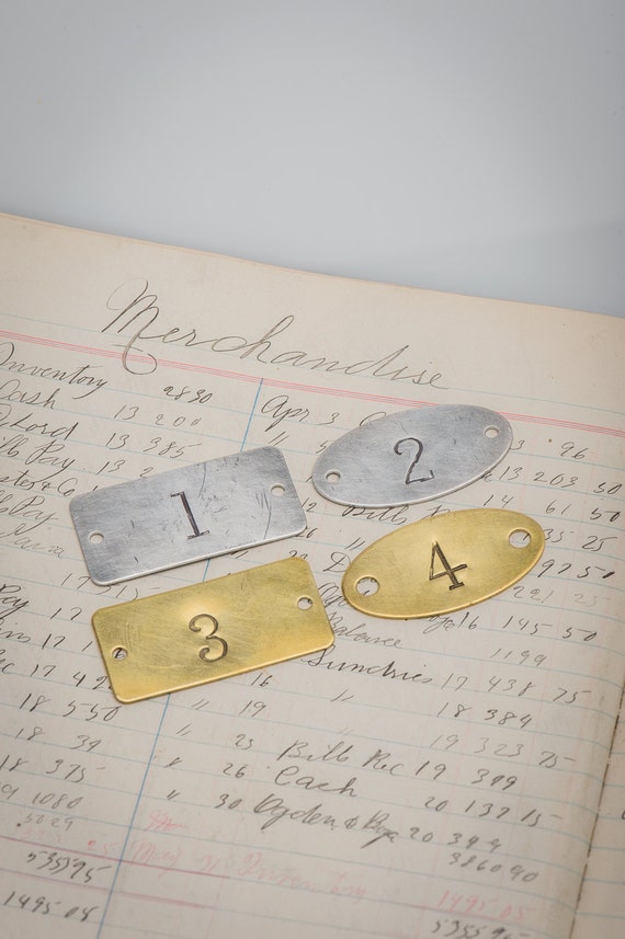 Hand punched brass or aluminum numbered tags -  Custom numbered locker tags - rectangle or oval number plates - hotel room numbers
