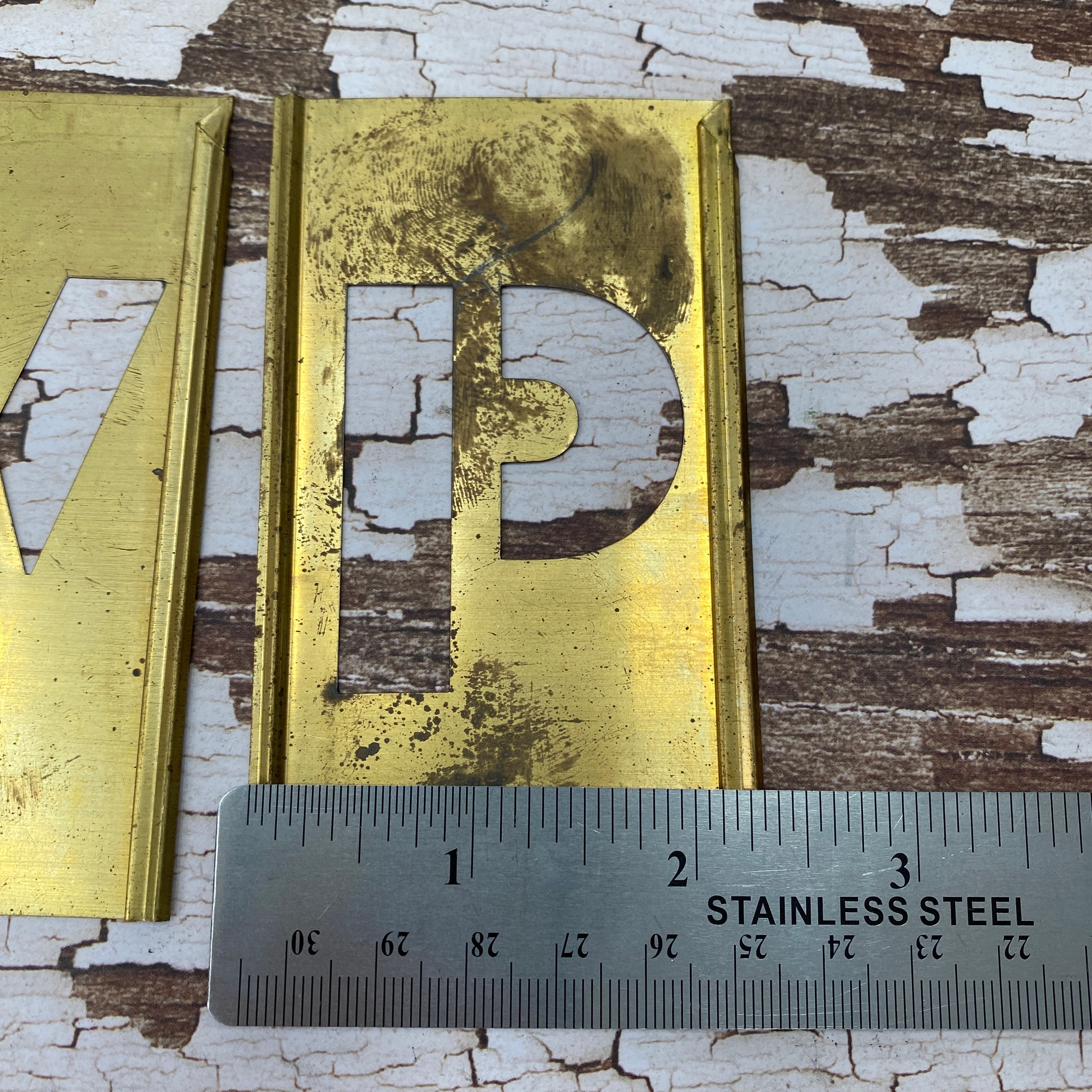 Antique Brass stencil sans serif Letters and Numbers 4 Vintage brass