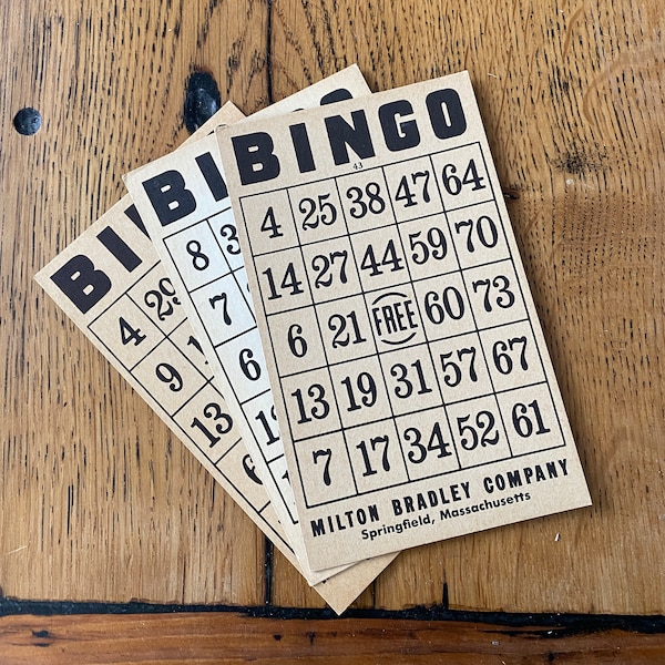 Vintage Milton Bradley cardboard Bingo Cards - set of 3 - bingo game pieces - wedding bingo - retro bingo