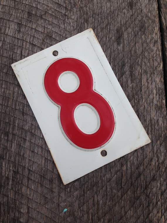 Vintage Embossed Metal number 8 -  red gas station number - vintage house number - stamped steel number - industrial metal number