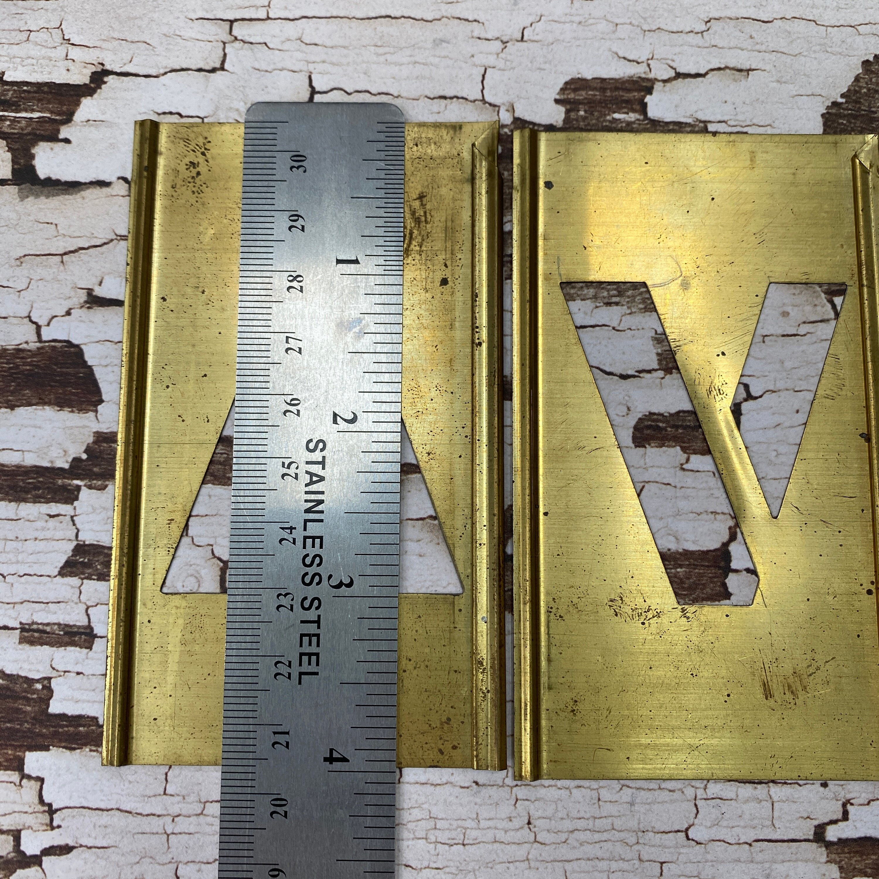 Antique Brass stencil sans serif Letters and Numbers 4 Vintage brass