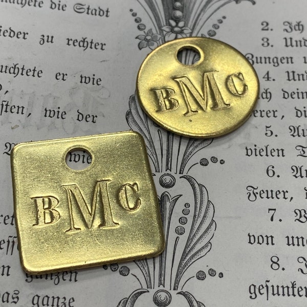 Monogram initials custom handmade gift, personalized hand stamped brass key tag, zipper charm, purse charm, key chain fob gift under 10