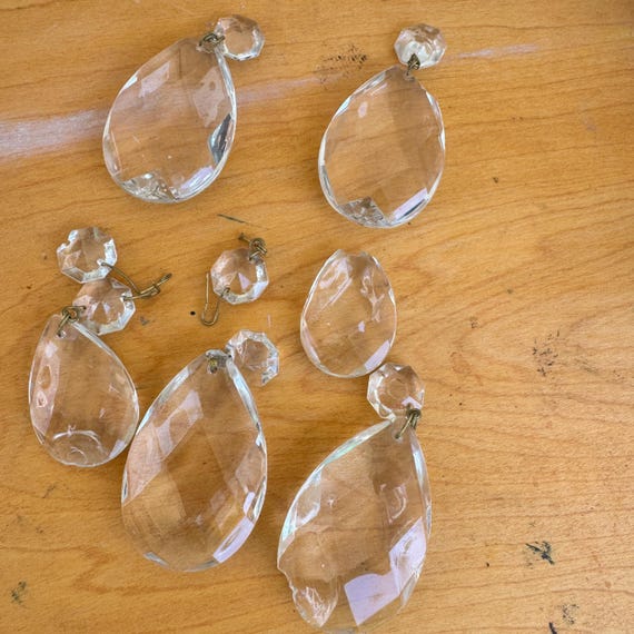 Lot of broken Antique teardrop chandelier crystal pendants - multi facet vintage cut glass -