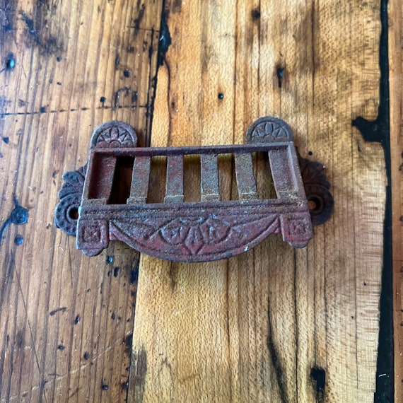 Antique cast iron Drawer Pull  -Very Ornate - metal drawer hardware - vintage ornate handle - old fancy bin pull
