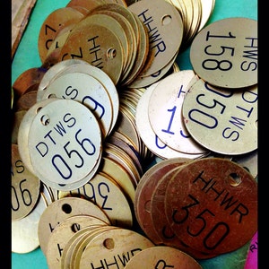 Set of three Vintage industrial numbered Brass tags - numbered round valve tag - old brass tool check - industrial numbered tag - brass tags