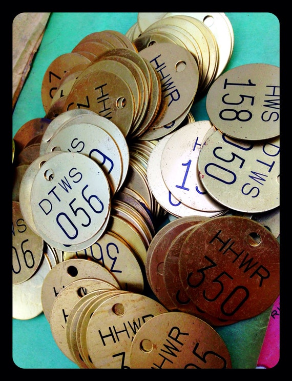 Set of three Vintage industrial numbered Brass tags - numbered round valve tag - old brass tool check - industrial numbered tag - brass tags