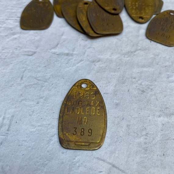 Vintage numbered Brass dog tag - Laclede MO 1969 - dog id tag - OVAL tag - dog tax - brass tag