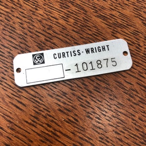 Vintage Aluminium Curtiss Wright industrial tag - NOS Tabliczka identyfikacyjna z aluminium lotniczego - antyczna tabliczka - tabliczka z nazwą steampunk z mosiądzu - vintage NOS