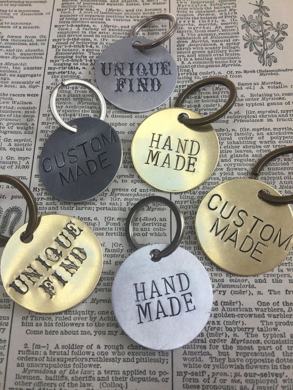 Custom handmade novelty keychains - hand stamped brass or aluminum - round key fob keychain