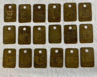Antique Time check tags brass tag - favorite numbers industrial valve id - steampunk metal tag - gold vintage locker tags -