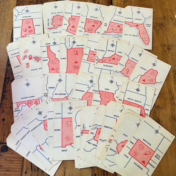 Vintage state flash cards - old school flash cards - antique teaching - old state flash cards