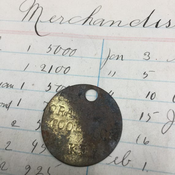 Crane Tool Box Key tag Antique brass tag - industrial  tag - steampunk metal tag - Brass tags - steampunk brass tag - round brass -