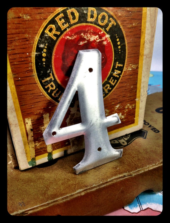Vintage small aluminum number 4 – salvaged aluminum address number – old metal number – house number – sign number – silver metal number
