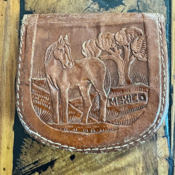 Vintage Leather Mexican Coin Purse Wallet- horse and stagecoach