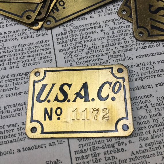 Antique square brass tag -USA Co - industrial id tag - steampunk metal tag - gold vintage locker tags - steampunk brass tag - round brass -