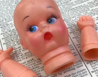 Creepy doll head and pair of doll hands - vintage vinyl doll parts - old plastic doll pieces - strange doll parts - doll head