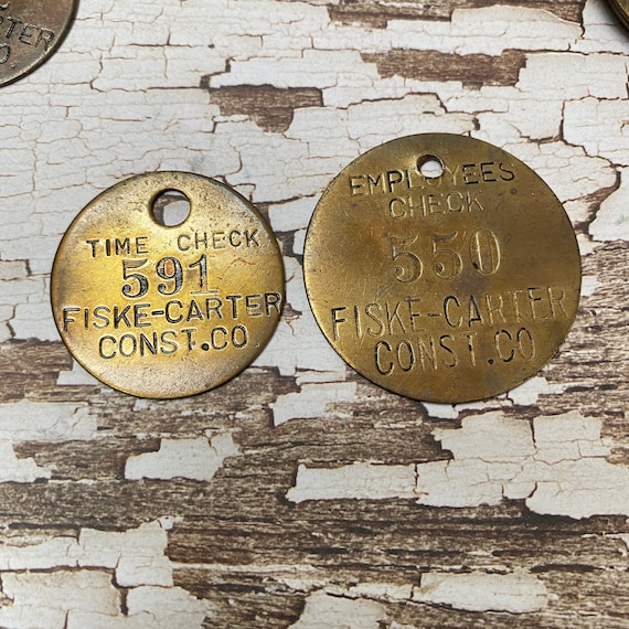 Antique Numbered Round Fiske-carter Const Co. Brass Tags Vintage
