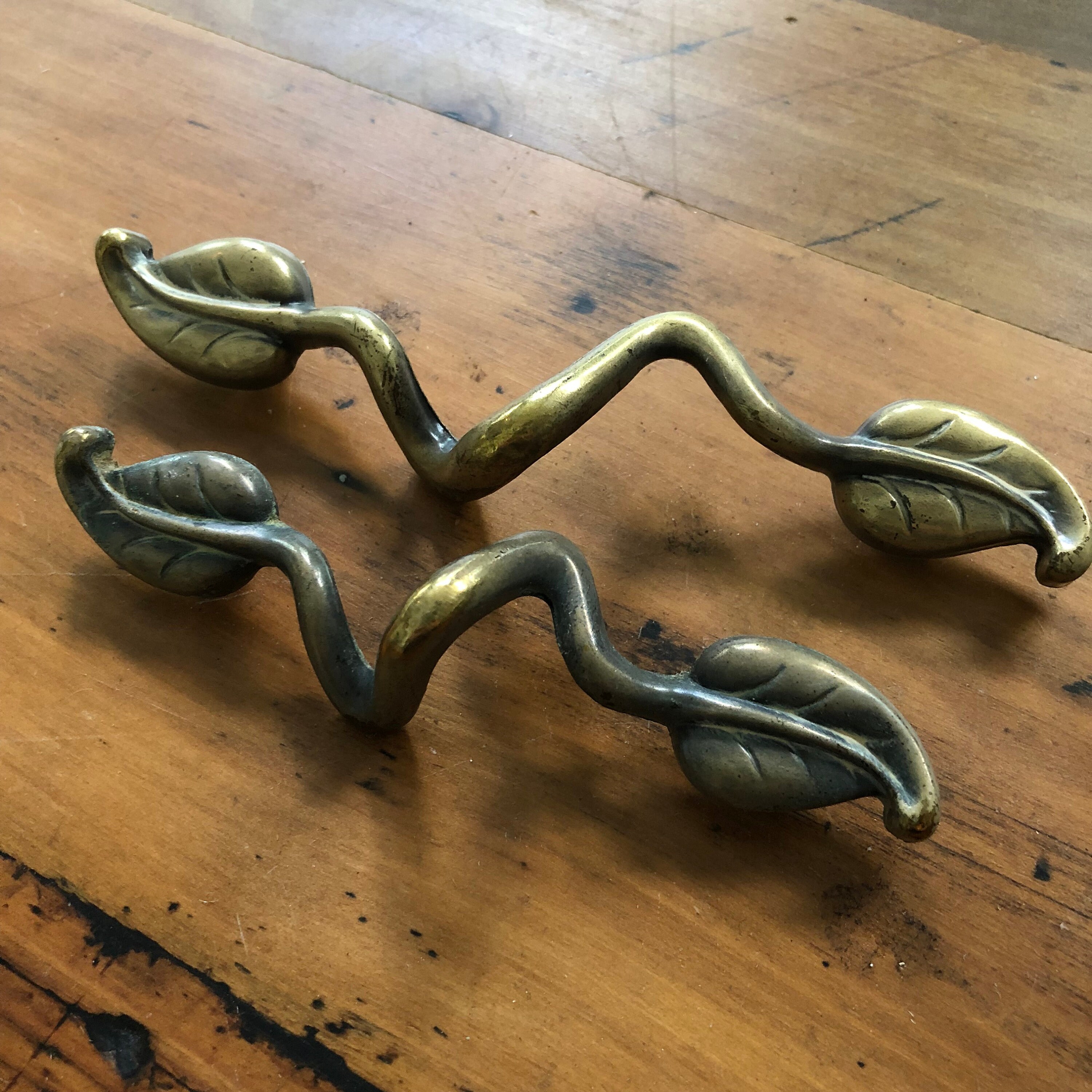 One Vintage Brass Leaf handle or Drawer Pull TWO SIZES Neat