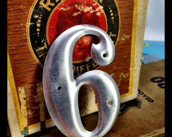Vintage small aluminum number 6 or 9– salvaged aluminum address number – old metal number – house number – sign number – silver metal number