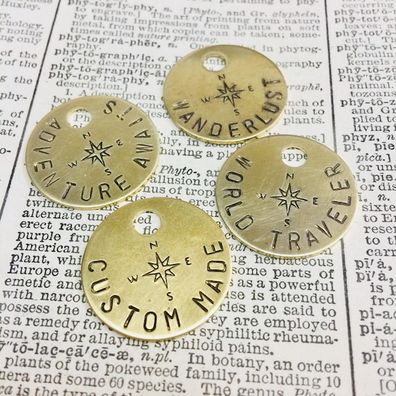 World Traveler compass rose custom handmade gift, personalized hand stamped brass key tag, zipper charm, purse charm, key chain fob