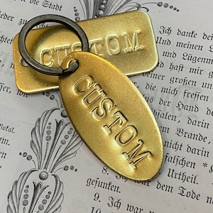 Custom hand punched brass and metal tag - Oval or Rectangle hand stamped key tag -  key fob - pet tag - custom engraved tag - hotel key tag
