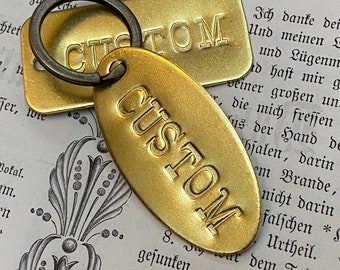 Custom hand punched brass and metal tag - Oval or Rectangle hand stamped key tag -  key fob - pet tag - custom engraved tag - hotel key tag