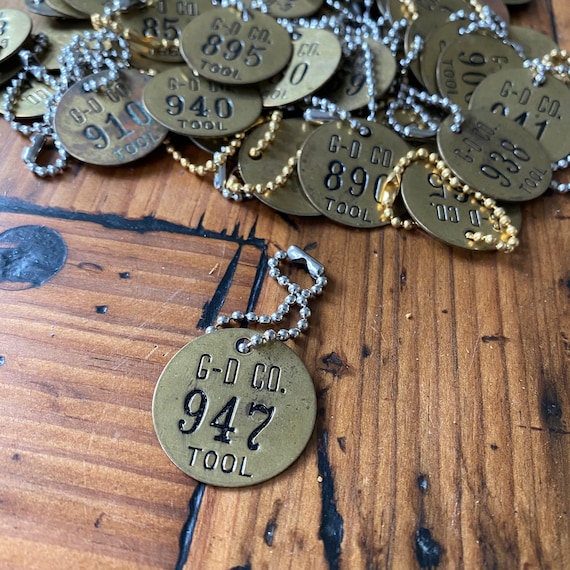 Vintage numbered round brass tool tag with chain - ONE vintage tool tags - tool tags - steampunk brass tag - round brass tag