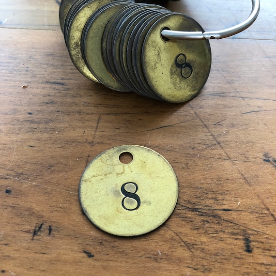 Antique brass tag no 8 - industrial valve id tag - steampunk metal tag - gold vintage locker tags - steampunk brass tag - round brass -