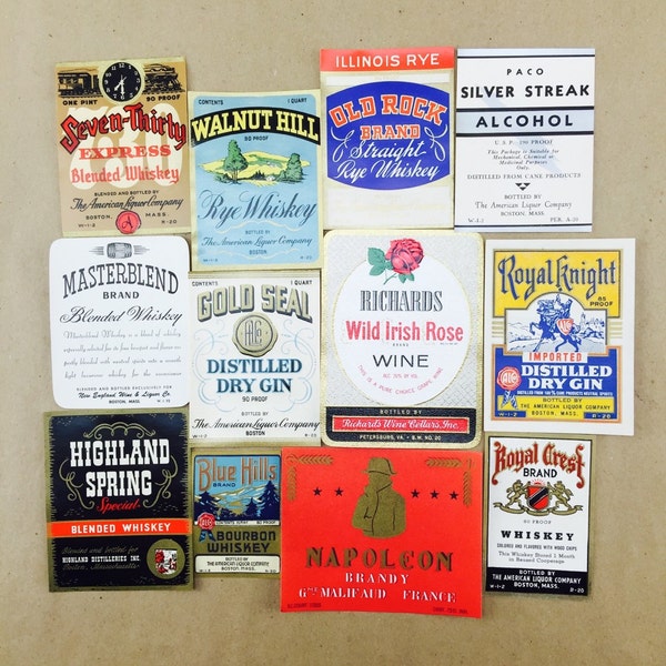 Vintage wine and liquor bottle labels -  set of 12 - vintage alcohol advertisement - retro bar