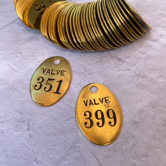 Vintage Valve oval brass tags 300's - ONE tag- pick the number - vintage  key tags - tool tags - steampunk brass tag - oval brass tag