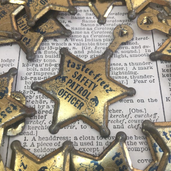 Vintage tastee-freez tin fold back pin - safety patrol officer button - antique tin toy button - vintage advertisement button pinback badge