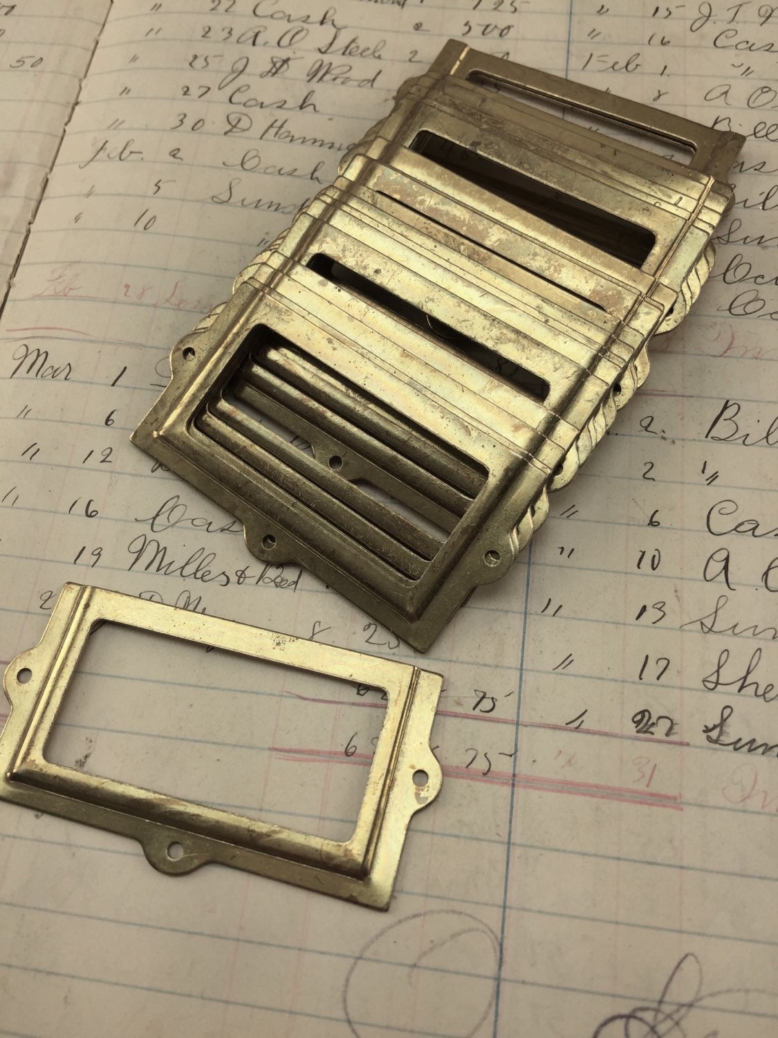 Vintage brass label holders for drawers antique drawer pull tag