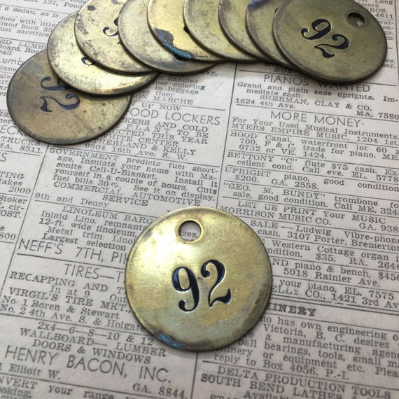 Antique brass tag no 92 - industrial valve id tag - steampunk metal tag - gold vintage locker tags - steampunk brass tag - round brass -