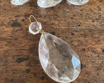 Antique teardrop chandelier crystal pendants - Lg multi facet vintage cut glass - necklace charm - jewelery finding - vintage supply