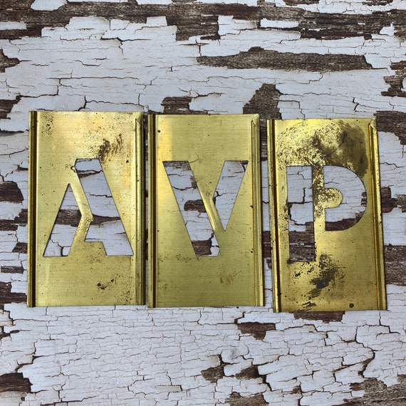 Antique Brass stencil sans serif Letters and Numbers 4" - Vintage brass stencil - industrial stencil - metal stencil - rustic letter-