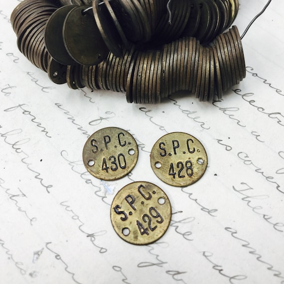 Lot of 3 - Antique numbered round brass tags - room number tag - vintage room key tags - steampunk - round brass tag - industrial tool tag
