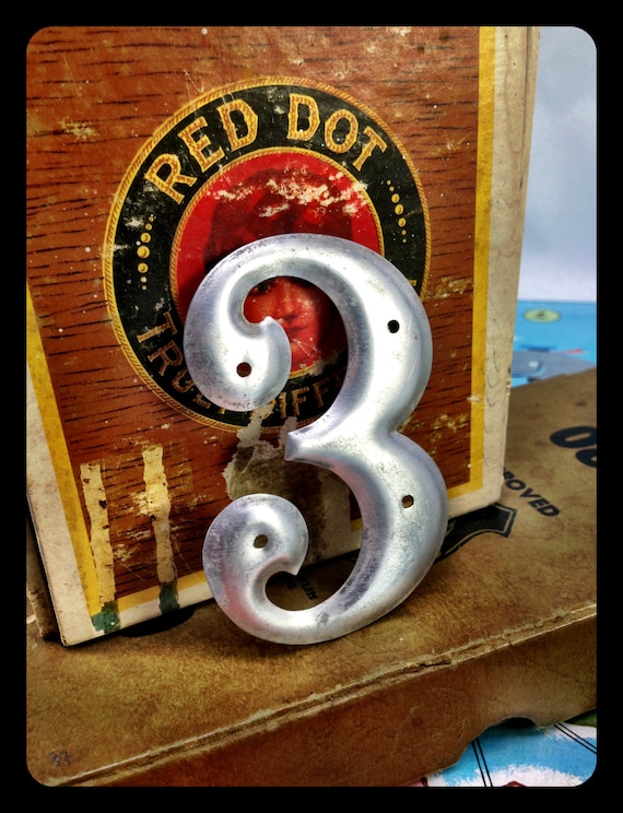 Vintage small aluminum number 3 – salvaged aluminum address number – old metal number – house number – sign number – silver metal number